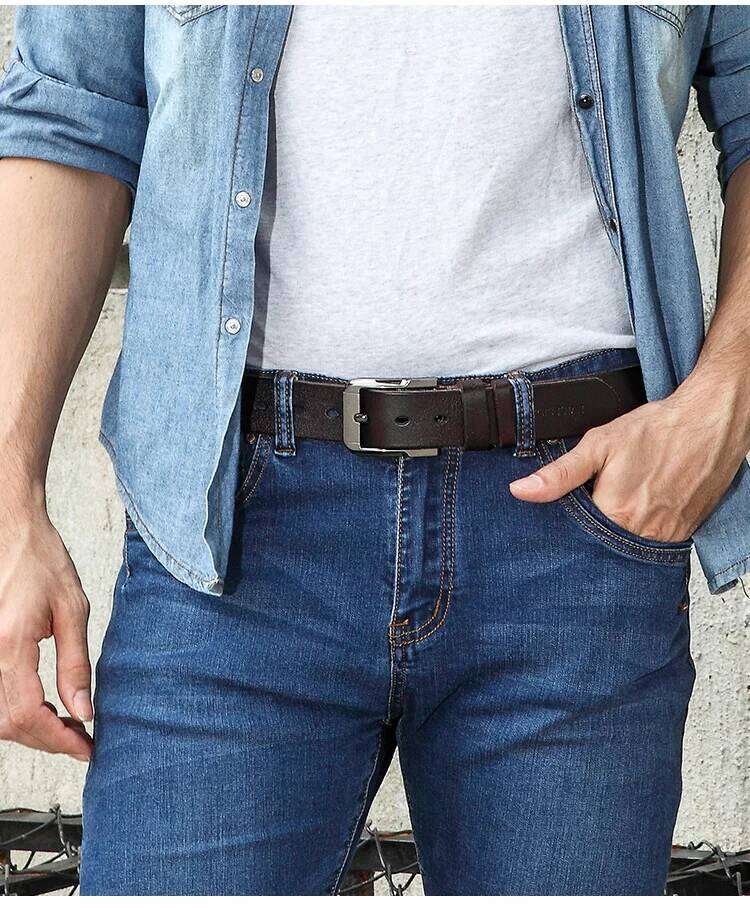 Belt men's leather, genuine cowhide, handmade needle buckle, plant tanned top layer cowhidebelt, casual retro denim Z260226