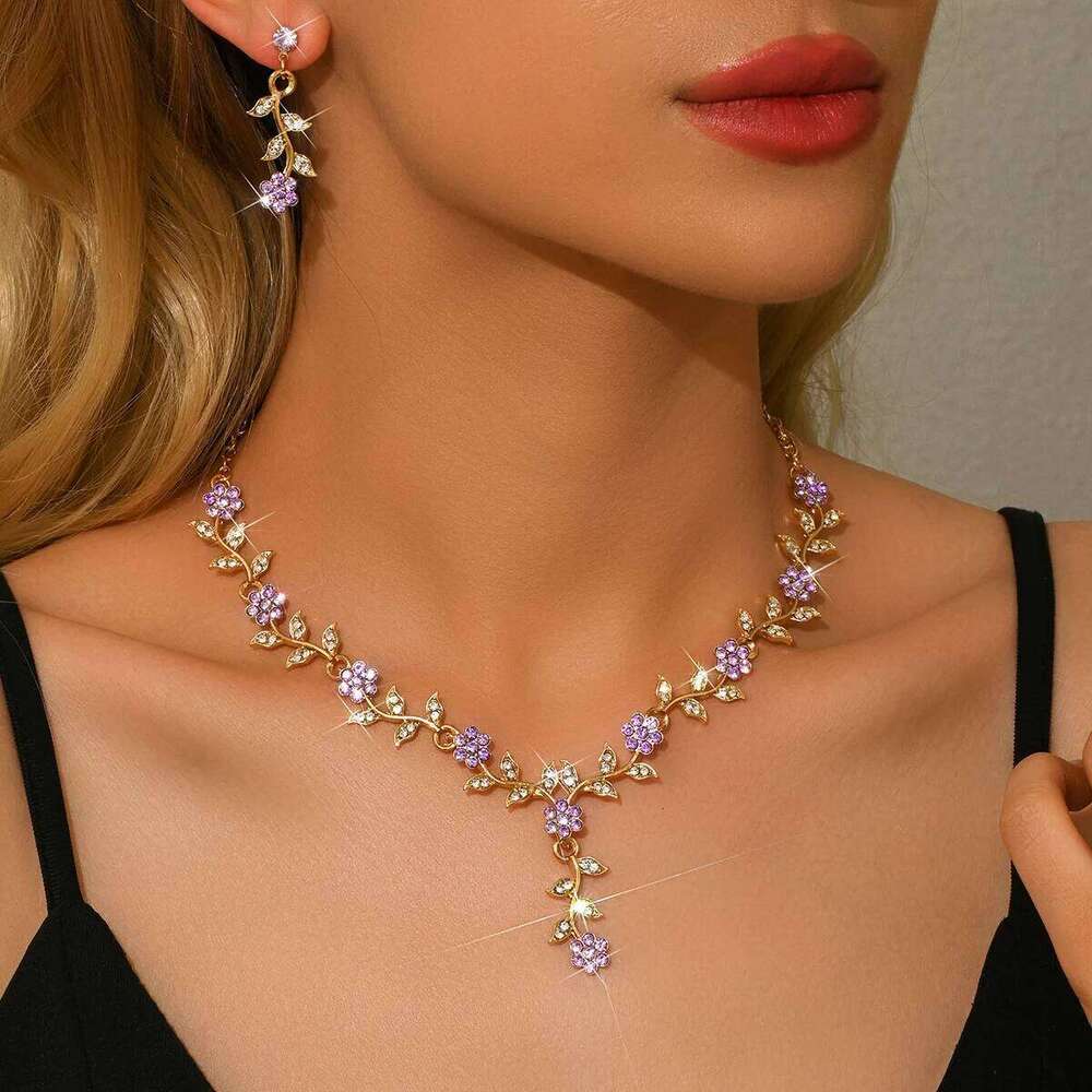 Crystal Vine Necklace & Earring Set Women V-Neck Leaf Pendant Jewelry for Party Evening Statement Z260313