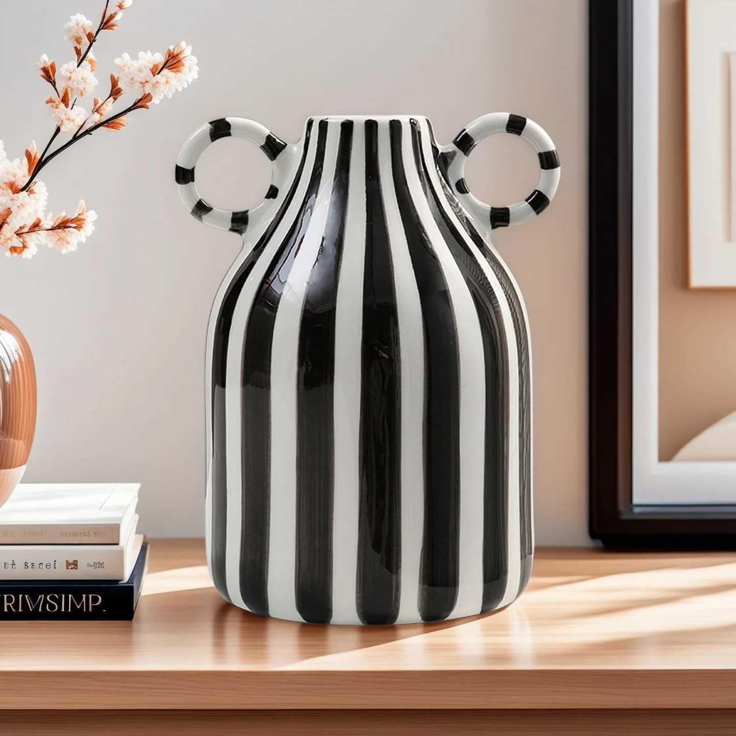 Nordic Style Art Vase Ornament Double Ear Striped Ceramic Vase Hydroponic Flower Cutting Bottle Home Decoration Flowerpot Y260314