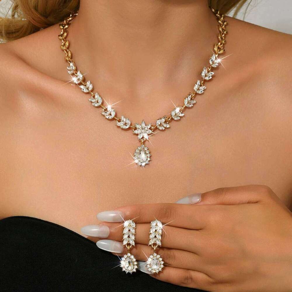 European and American Versatile Bridal Earrings, Necklace, Two Piece Set, Full Diamond Water Drop Alloy Accessories Z260313