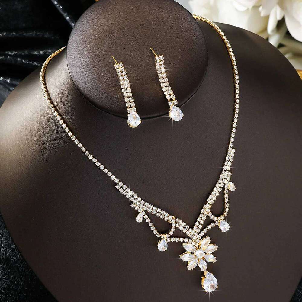 Women's Fashion Water Diamond Flower Droplet Pendant Necklace Earring Set, Design inspired First Jewelry Z260313