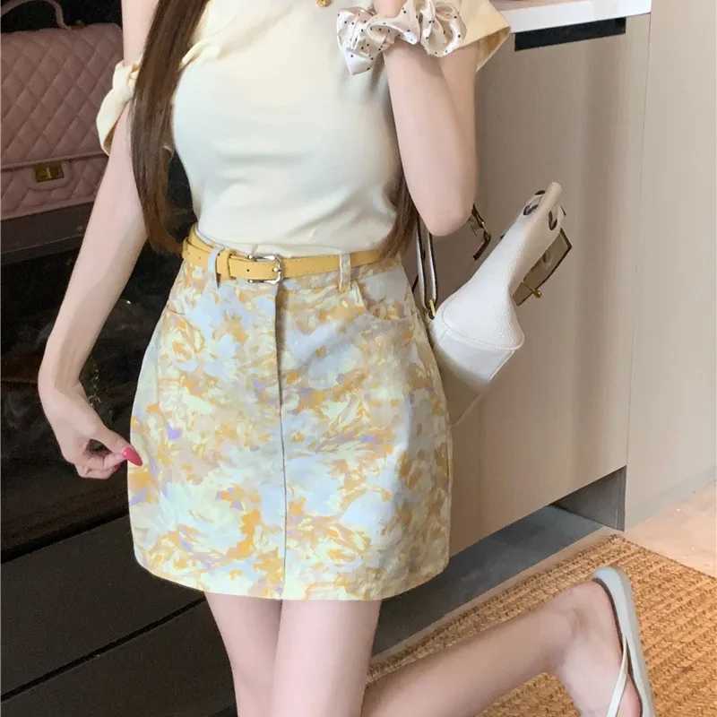 High Waist Tie Dye Denim Skirt with Belt Floral Print Vintage Aosphere Womens Faion Summer New Arrival A-Line Skirt M260314