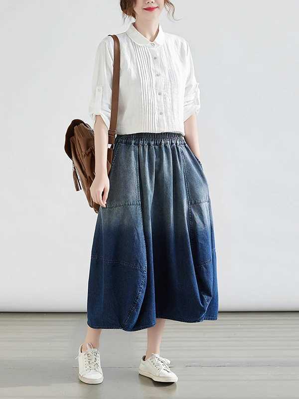 plus Size adient Color Denim Midi Skirt Womens Spring Faion Slimming Knee-Length A-Line Skirt Artistic Commute Sle M260314