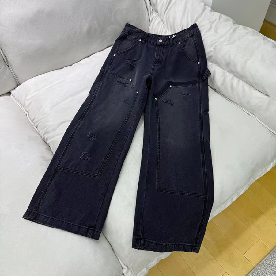 MIJKO Unisex Washed Black Jeans Tie-Dye Faded Pockets Men's And Women's Pants Z039#