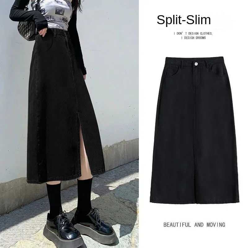 American Retro Distressed Denim Skirt High Waist Slimming Split Design Mid-Length Womens Fashion Ladies Jeans Skirt M260314