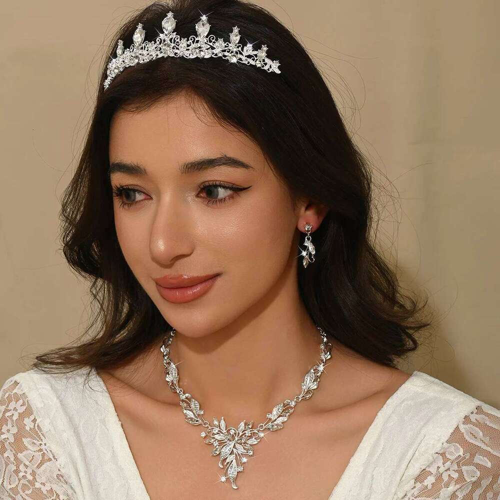 4PC Women's Fashion Sparkling Necklace Earrings Crown Jewelry Set Light Luxury Style Suitable for Wedding, Party, Festival Gifts Z260313
