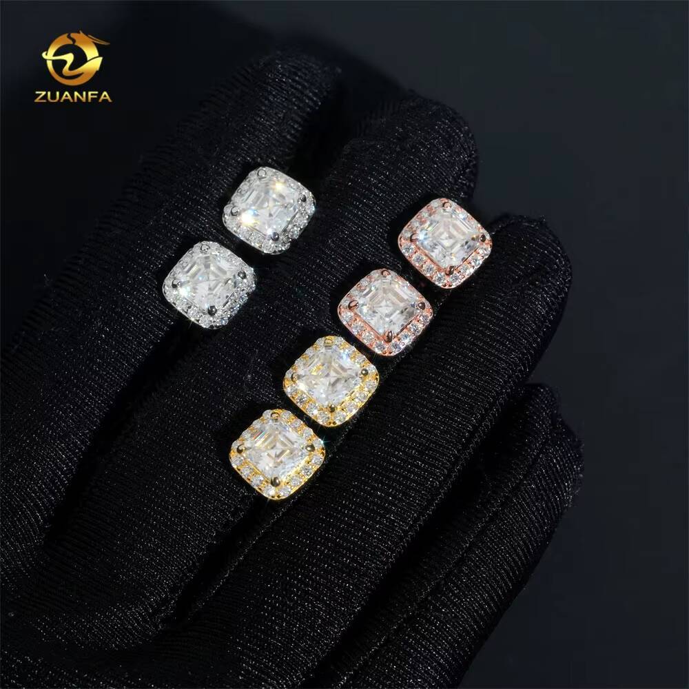 Ready to Ship Hip Hop Earring 925 Silver Asscher Cut 15ct Halo Men VVS Moissanite Earrings