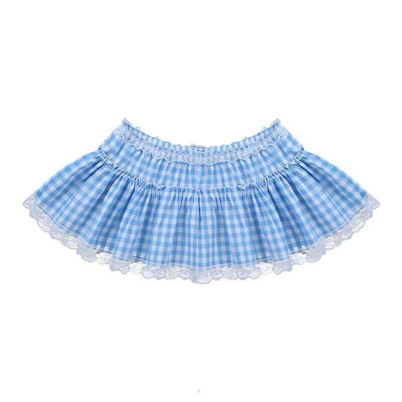 Women Y2K Lace Mini Skirt Summer Plaid Gingham Ruffle Short Fairy Princess Sexy Low Rise Pleated A-line Skirts Lolita 2000s Z260314