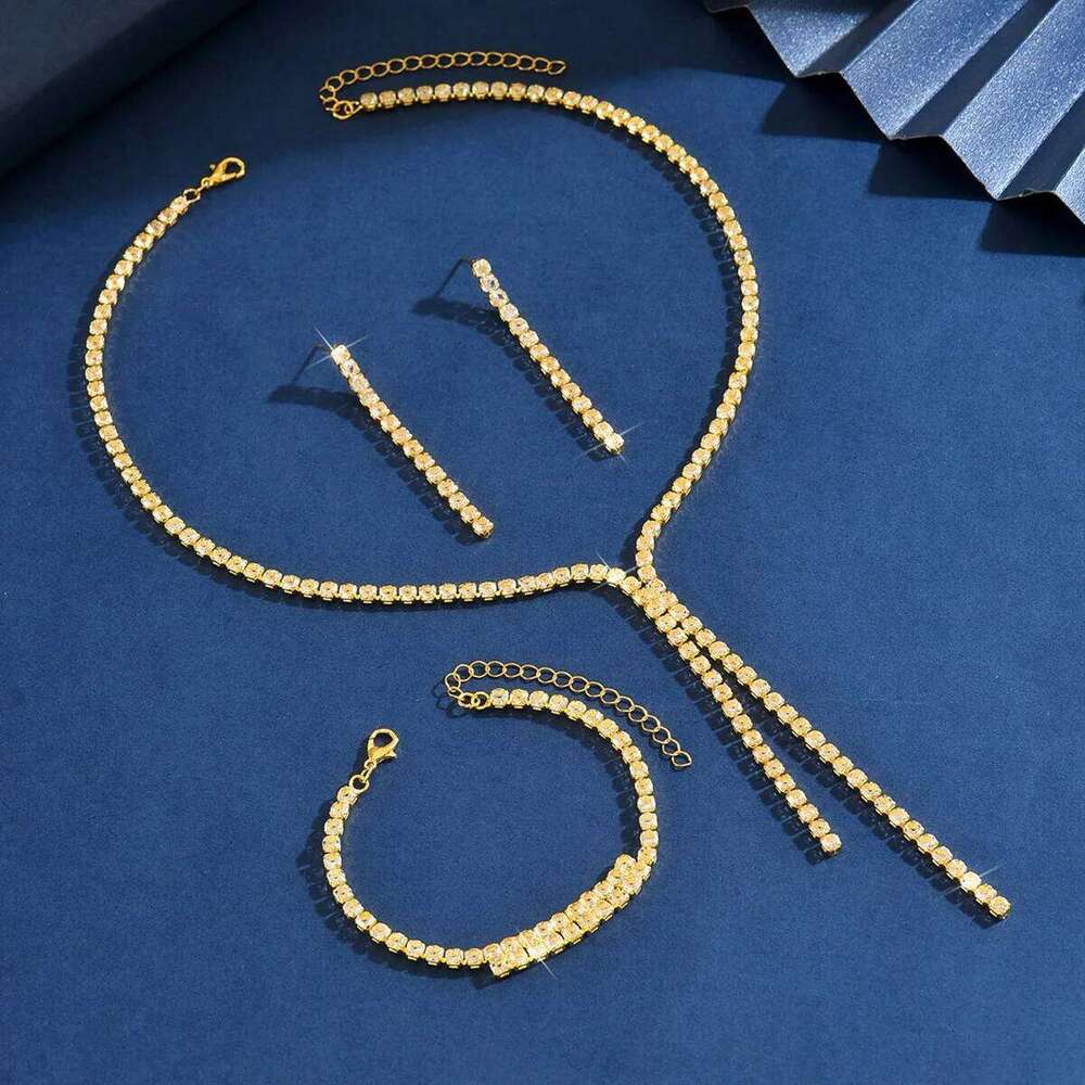 Black Copper Alloy Beaded Jewelry Set: Y-Necklace Long Earring + Bracelet Women's Minimalist Statement Accessories for Party Z260313