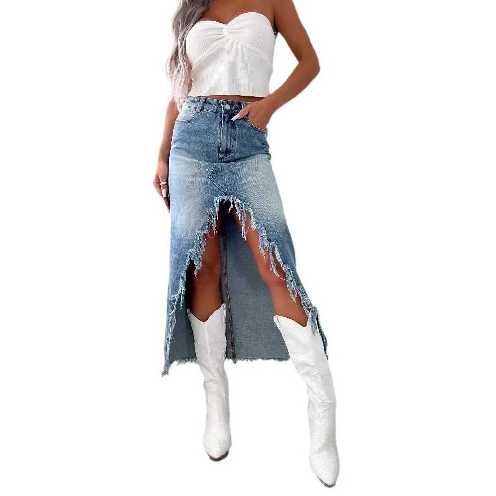 Irregular Denim Skirt Women Vintage Y2k Tassels High Waist Streetwear 2025 Skirts Washed Pockets Sexy Long Skirts Party Club M260314