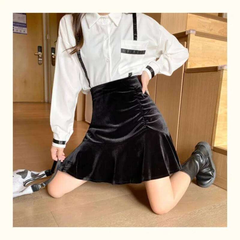 Harajuku Autumn Winter Golden Velvet Women's Solid Elastic High Waist Ruffles Pleated Fashion Slim A-line Fishtail Short Skirt Z260314
