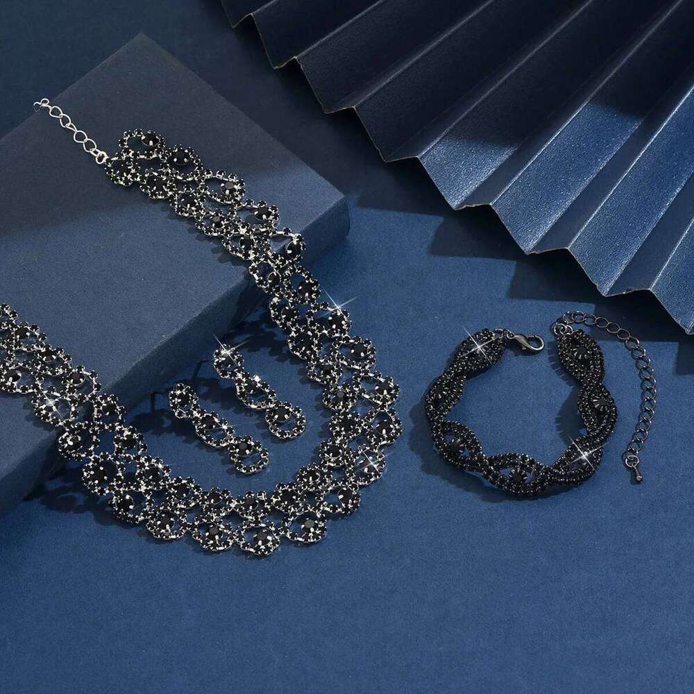 Vintage Lace Rhinestone Jewelry Necklace+Earrings+Bracelet Women's Bridal Crystal Choker Set for Wedding Party Evening Dre Z260313
