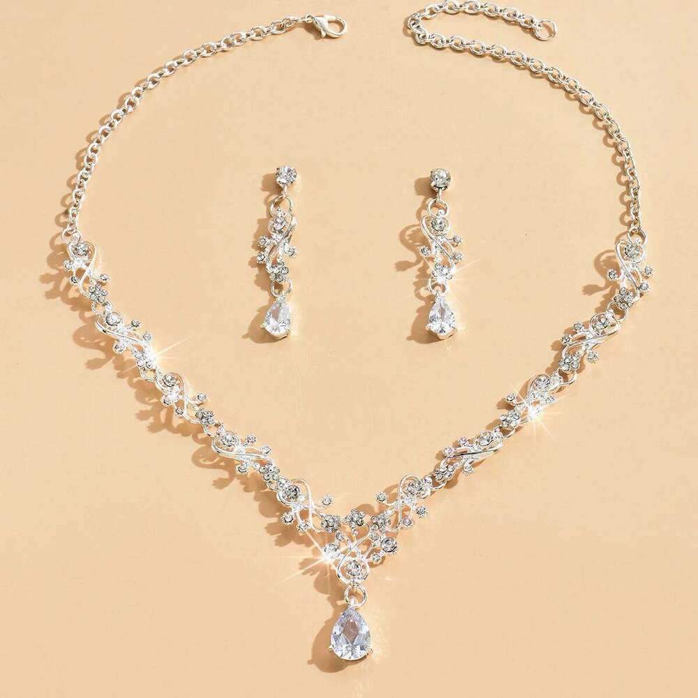 3pcs women's fashionable jewelry set with rhinestones, zircon, water droplets, necklace, earrings, wedding dress accessories Z260313