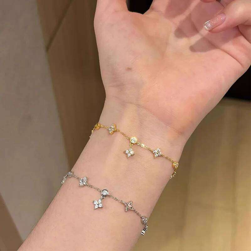 Color Bracelet for Women Girls 925 Sterling Silver Link Chian with Cubic Zirconia Cute Clover Charm Adjustable Jewellery Z260313