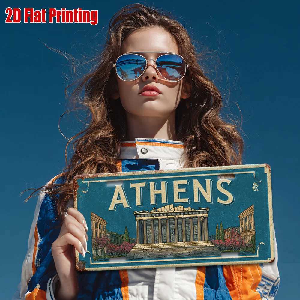 Athens Metal License Plate Sign - Retro Travel Wall Art with Athens Parthenon Design Blue White Aluminum Decor for Home Bar D260314