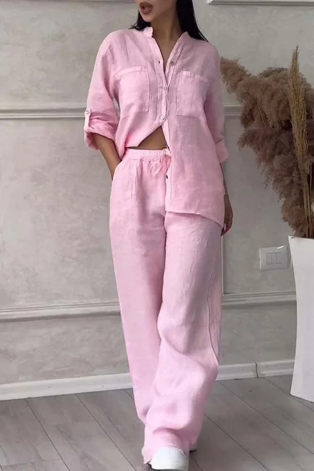 Spring Autumn Cotton Linen Long Sleeved shirt Pants Twopiece Set Women Casual Vneck Shirt Drawstring Wide leg Pant Suit 260312