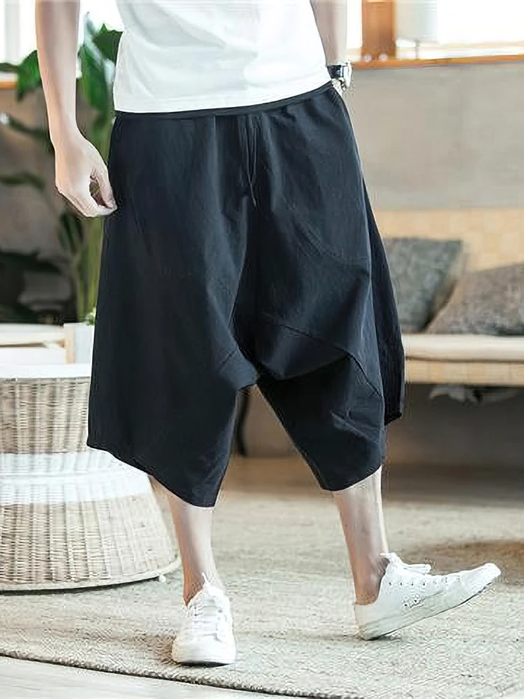 Summer Thin Beach Cotton Linen Casual Shorts Men Japenese Wide Leg Baggy Capris Pants Male Sport Running Shorts 260311