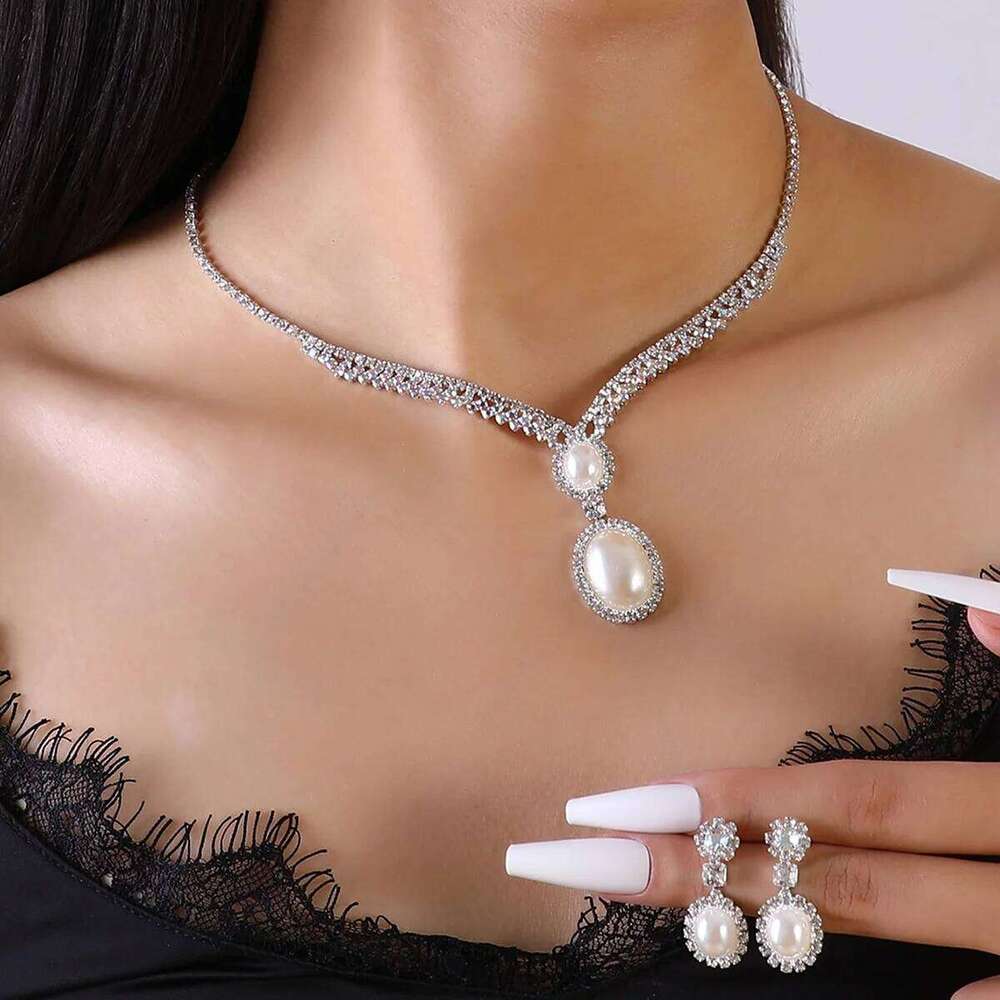 3PC imitation pearl inlaid rhinestone women's earrings necklace geometric design sense wedding party holiday gift Z260313