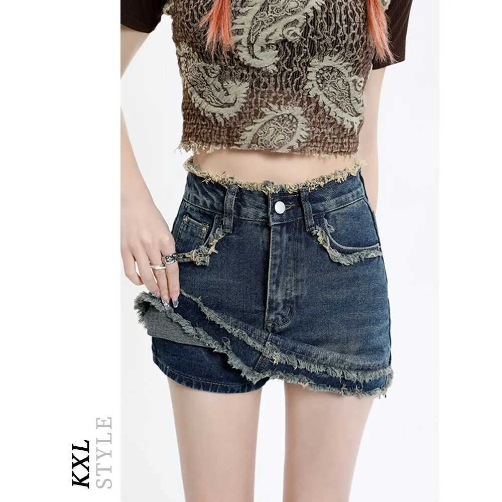 Womens American rETRO denim shorts summer fringed THin style spicy wrapped hip skirt A-line short casual wide leg pants M260314