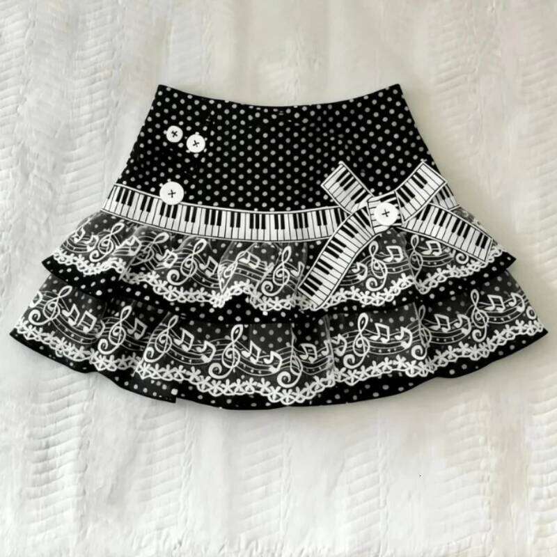 Gothic Aesthetic Hot Girl Slim Polka Dot Note Women Design Y2k Lace Bow A-line Cake Piano Skirts Vintage Embroidery Skirt Z260314