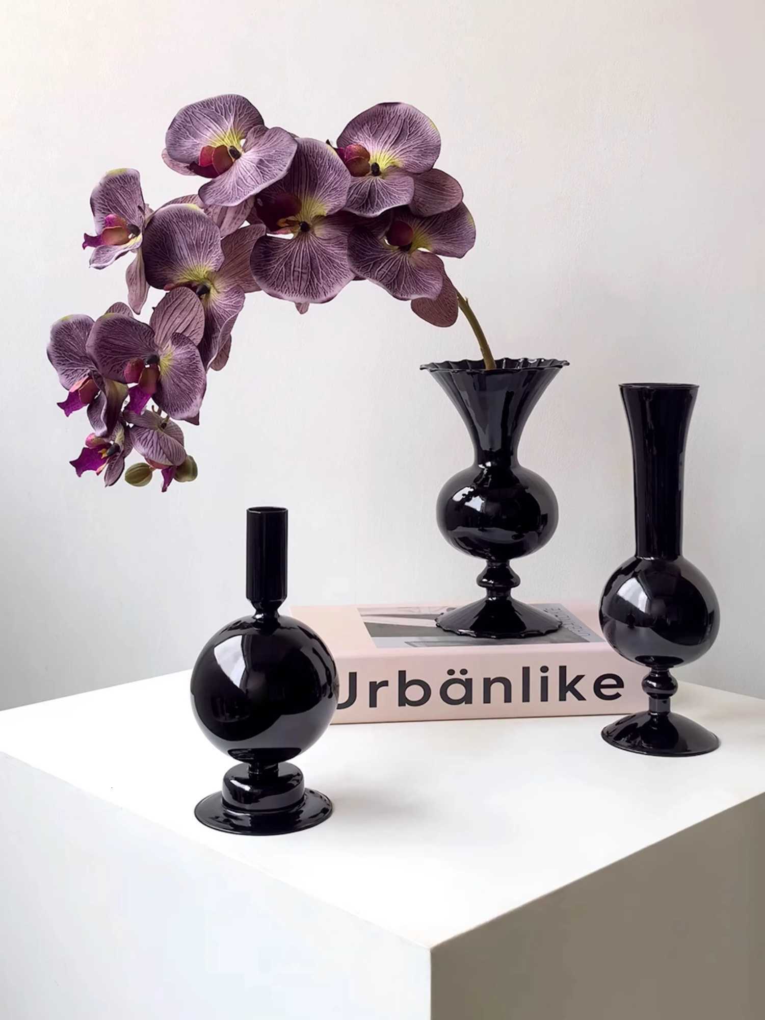 Modern Black Glass Vase Minimalist Decorative Flower Vase for Living Room Bedroom Office Elegant Home Decoration Centerpiece Y260314