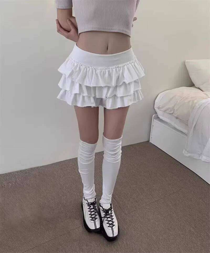 2026 Summer Vintage Korean Retro Ballet Style Ruffles Low Waist Cake Mini Skirt Streetwear Fashion Skirts White Faldas Y2k Z260314