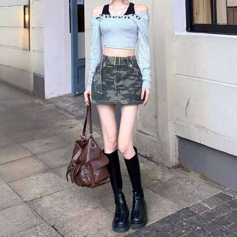 Hot Girl High-waisted Retro Camouflage Denim Summer Design Niche Butt Skirt Z260314