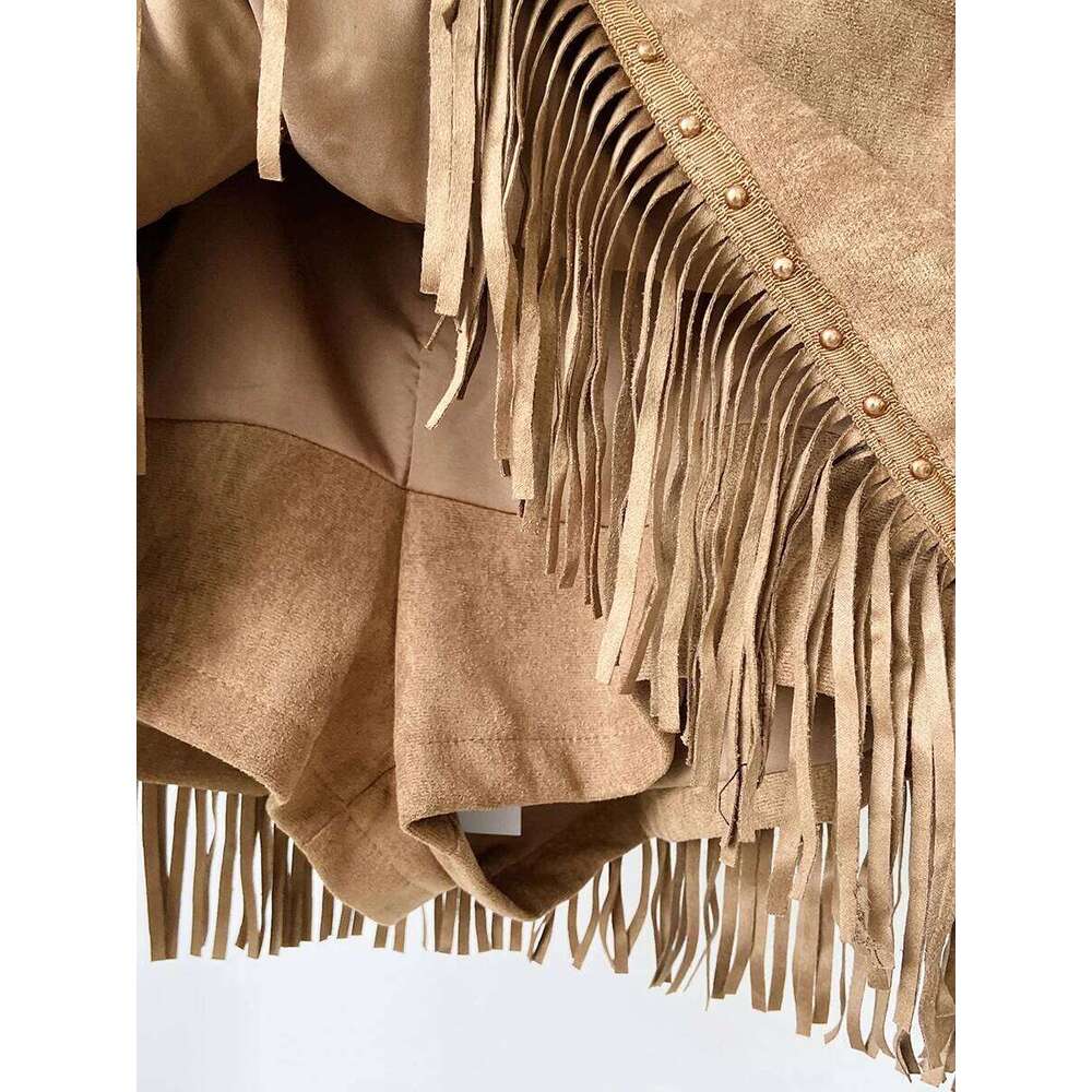 Women's Autumn Winter Rivets Tassels Suede Lady Streetwear High Waist Solid Color Short Skirt Z260314