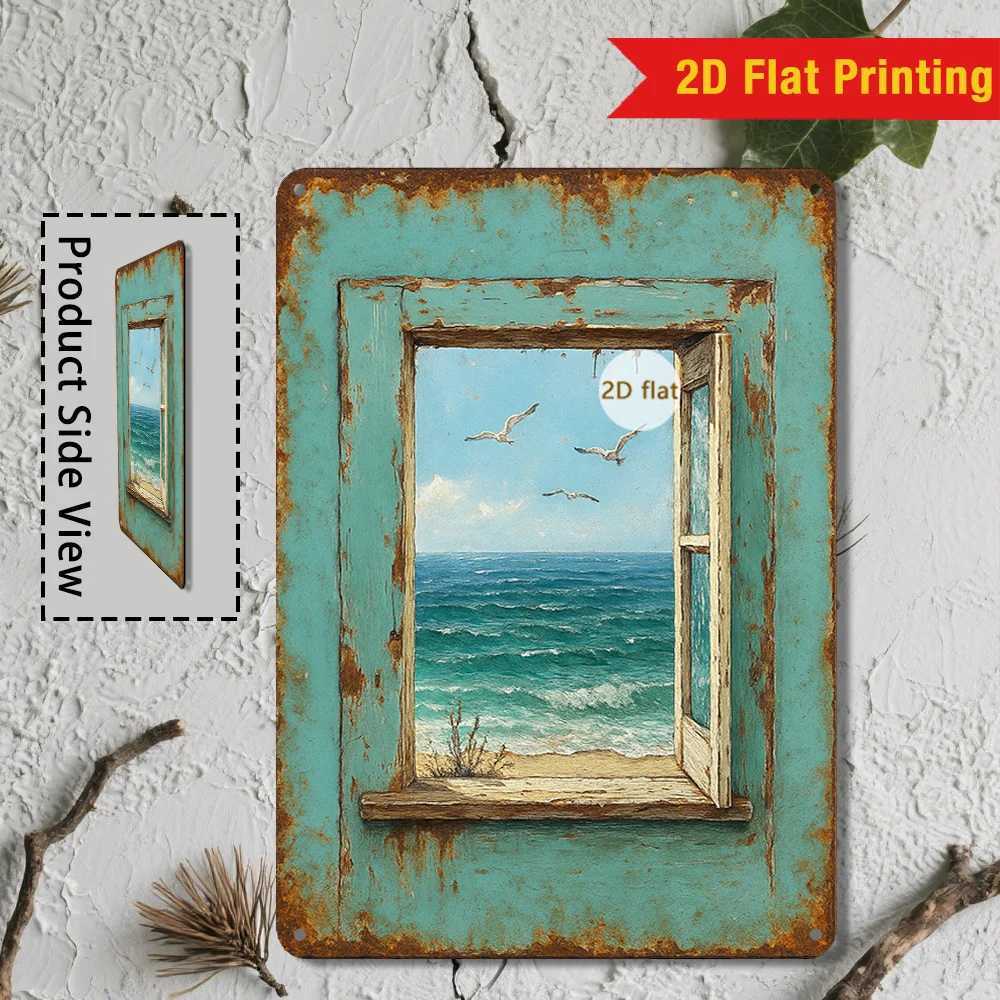 Vintage Coastal Window Metal Wall Art Rustic Seascape Tin Sign for Living Room or Beach House 8x12 Inch Nautical Decor D260314
