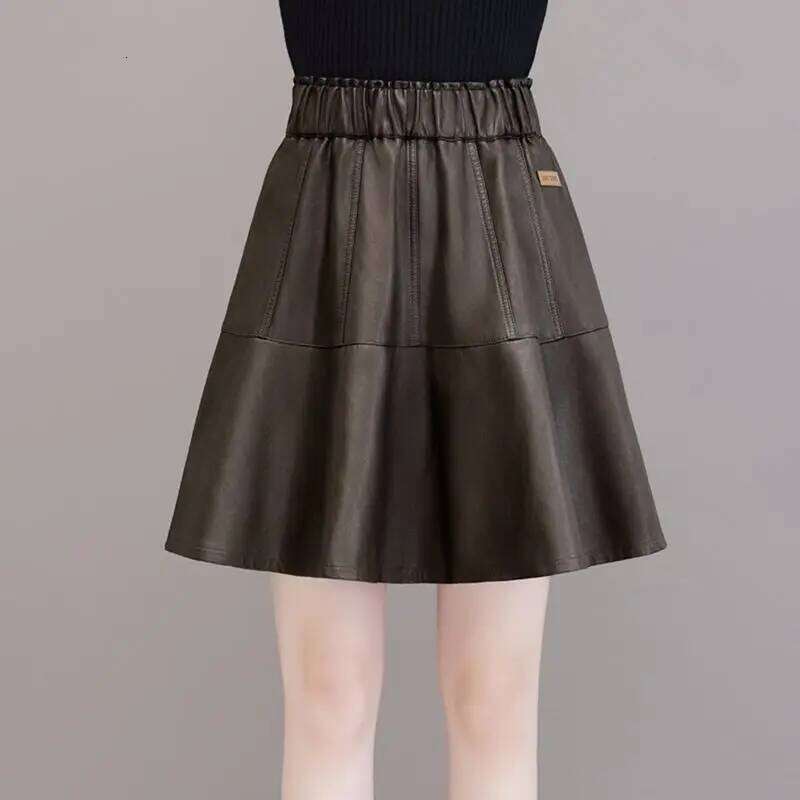 Simplicity Office Lady Autumn Winter New Women Solid Korean Fashion Chic Elastic High Waist Short Slim A-line PU Leather Skirt Z260314