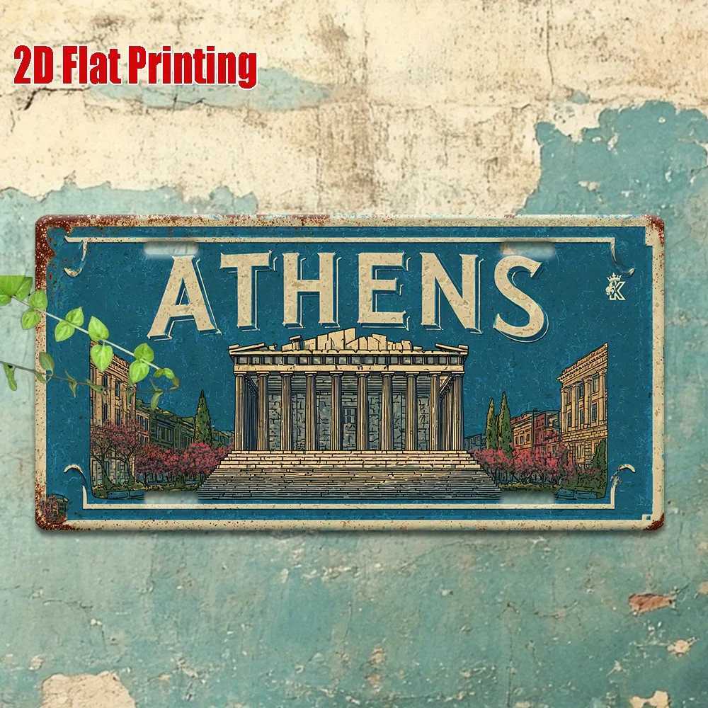 Athens Metal License Plate Sign - Retro Travel Wall Art with Athens Parthenon Design Blue White Aluminum Decor for Home Bar D260314