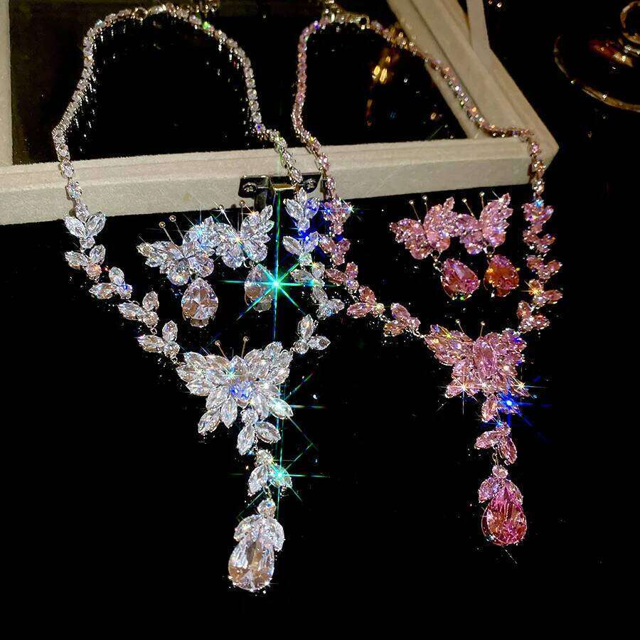 Zircon Butterfly Water Drop Tassel Jewelry for Women 2025 Korean Fashion Temperament Light Luxury Necklace Earring Sets Z260313