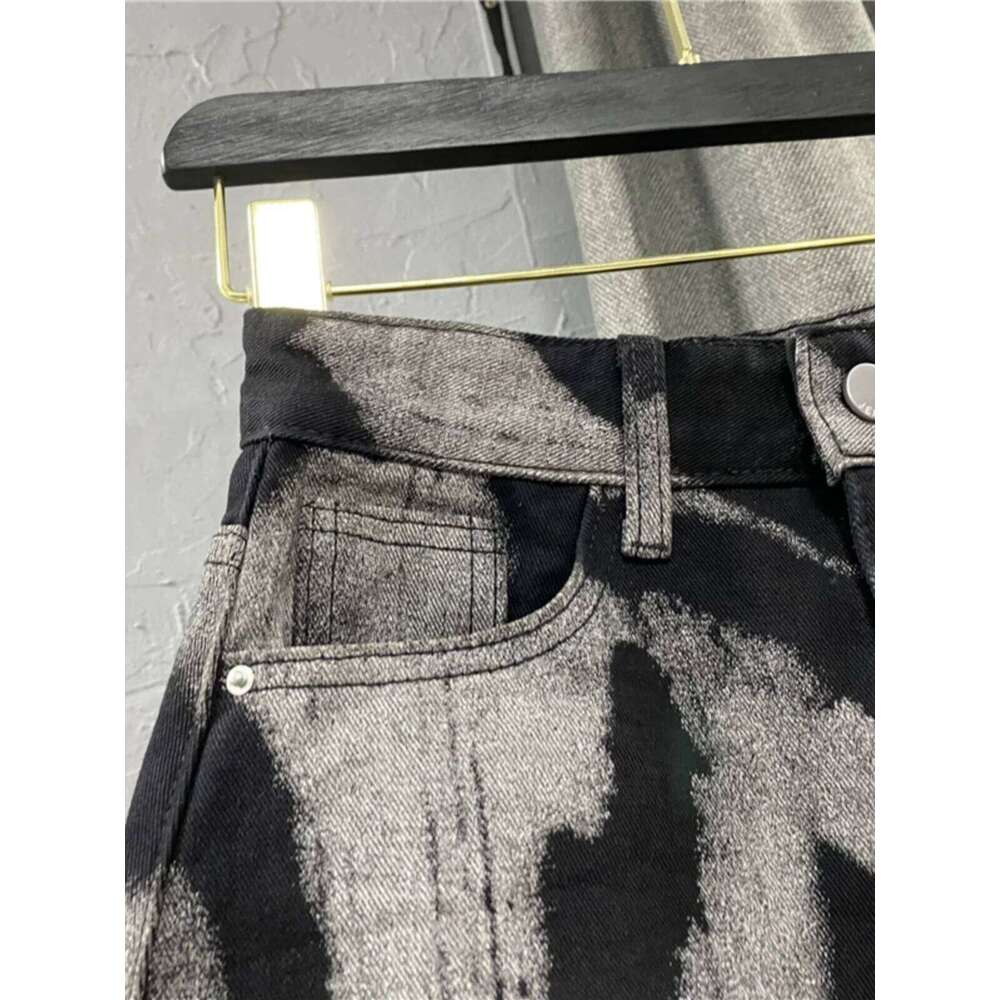 Black Gray Tie Dye Short High Waist Personalized Pattern Denim Fringed A-line Fashion Versatile Skirt Z260314