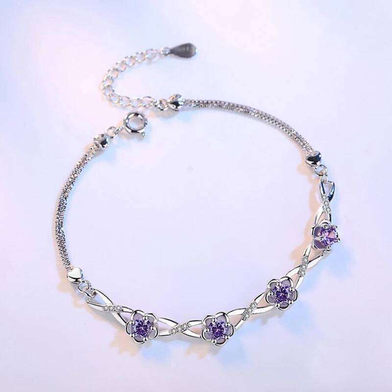 Luxury 925 Sterling Silver Purple White Zirconia Plum Flower Bracelets & Bangles For Women pulseira de Prata S-B51 Z260313