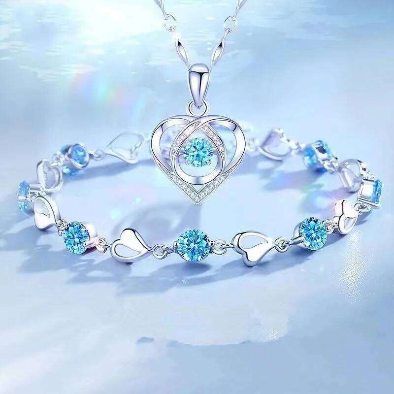 925 Sterling Silver Heart Shaped Necklace Bracelet for Women girls Retro Korean Blue Crystal Jewelry Set Original Party Gift Z260313