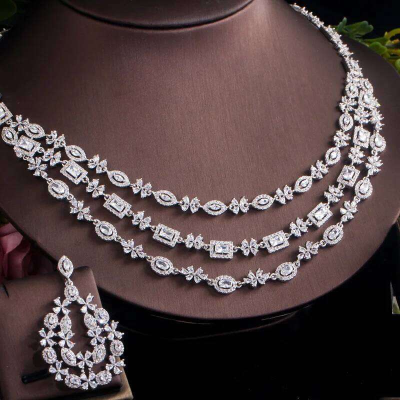ThreeGraces Brilliant White Cubic Zirconia 3 Layers Big Nacklace Earrings Bridal Wedding Engagemen Jewelry Set for Women TZ542 Z260313