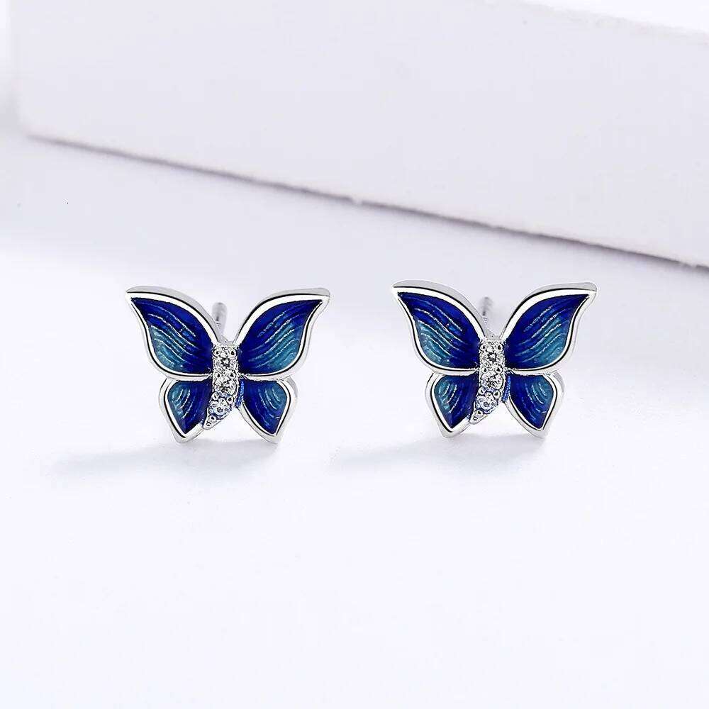 925 Sterling Silver Creative Micro-Enamel Blue Butterfly Wings Necklace Three-piece Jewelry Women's Suit Party Birthday Gift Z260313
