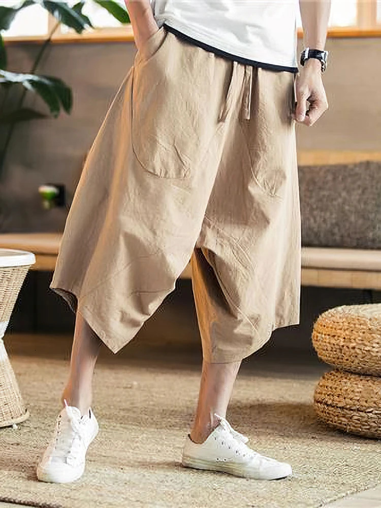 Summer Thin Beach Cotton Linen Casual Shorts Men Japenese Wide Leg Baggy Capris Pants Male Sport Running Shorts 260311