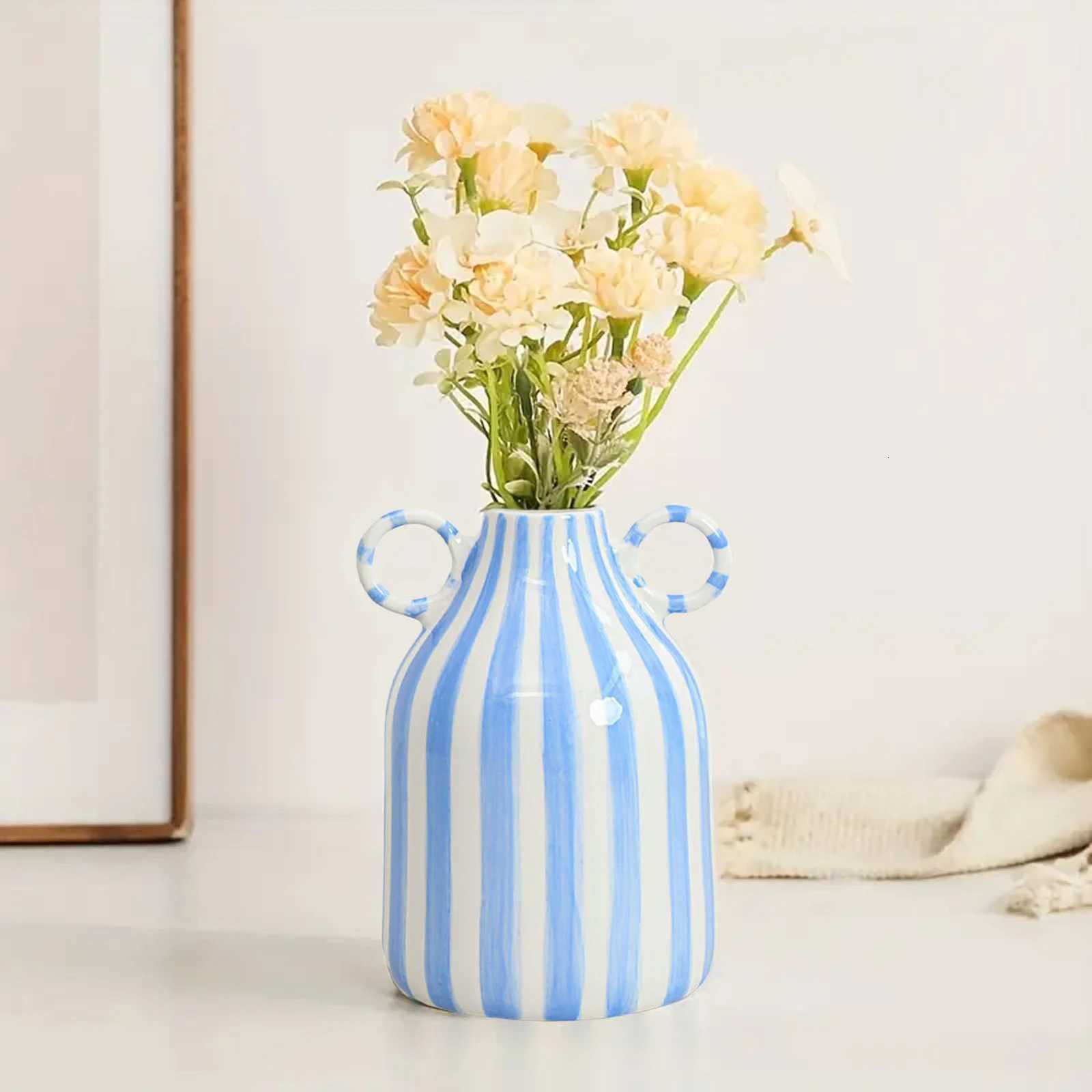 Nordic Style Art Vase Ornament Double Ear Striped Ceramic Vase Hydroponic Flower Cutting Bottle Home Decoration Flowerpot Y260314