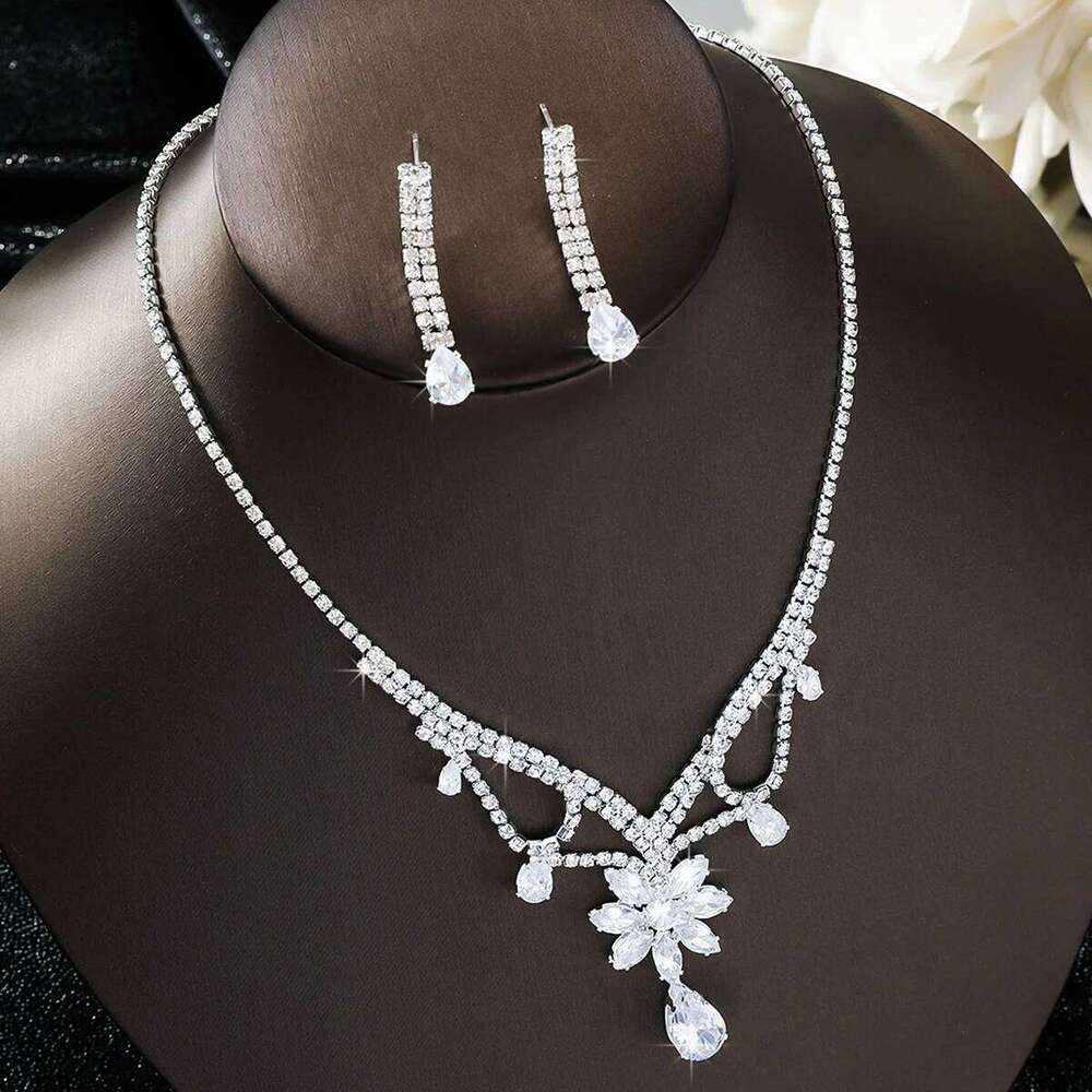 Women's Fashion Water Diamond Flower Droplet Pendant Necklace Earring Set, Design inspired First Jewelry Z260313