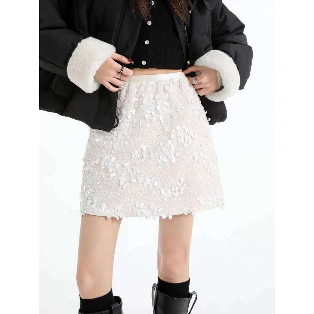 Coffee Sparkling Sequined Women's A-Line Skirt Autumn Winter Night Club High Waist Sexy Slim Short Pencil Skirts Woman Z260314