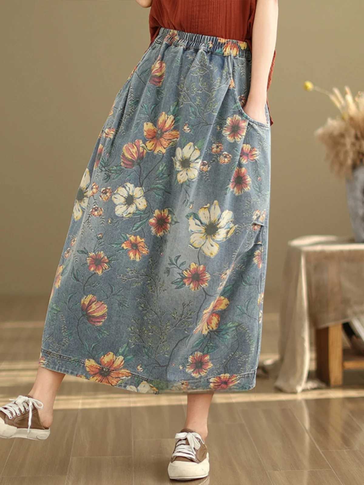 Elastic Waist Denim Skirt Womens Spring Summer New Sle Artistic Retro Loose Casual Print Splicing Mid-Length Skirt M260314