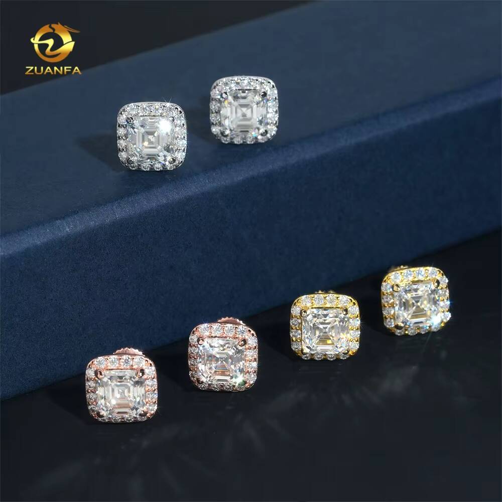 Ready to Ship Hip Hop Earring 925 Silver Asscher Cut 15ct Halo Men VVS Moissanite Earrings