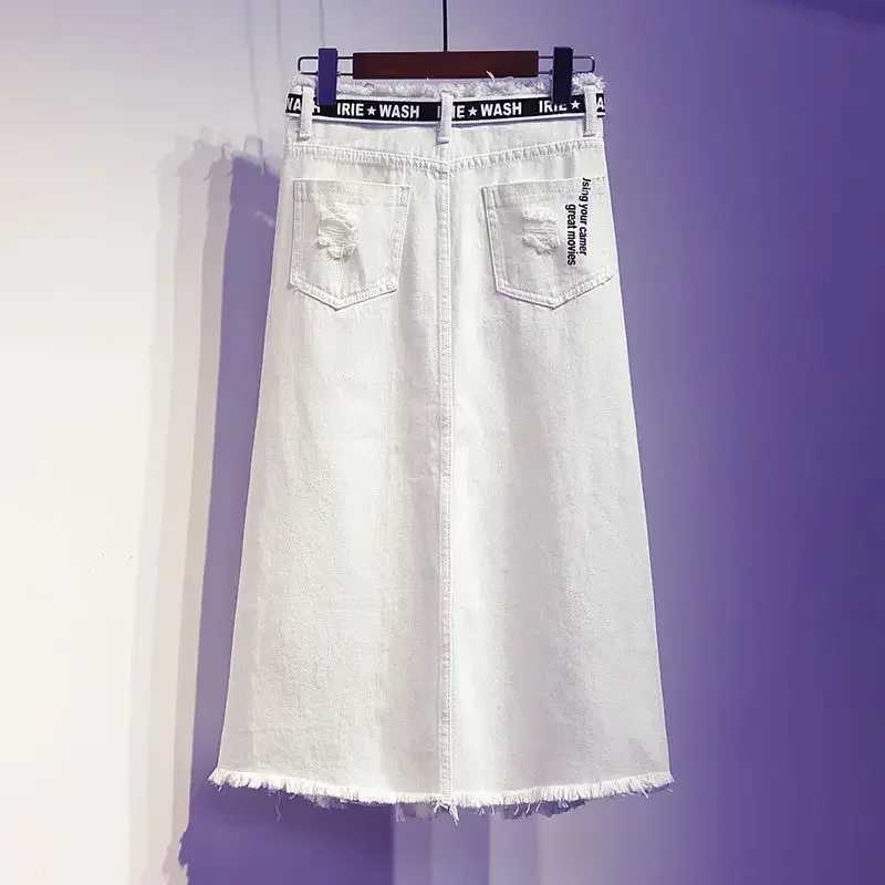 2025 New Women Skirt White Denim Long Skirts Letter Print Korean Style Fashion Hole Oversize Plus Size Female Skirts M260314