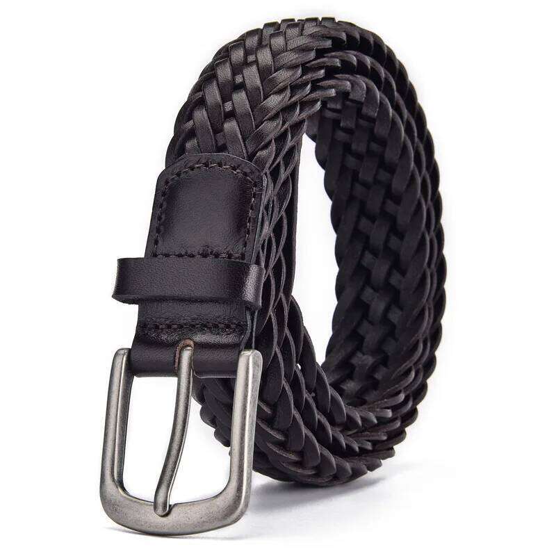 3.4cm Width Brown Real Cowhide Braided Belt Casual Needle Buckle Head Layer Hollow Hand Woven Fashionable Personalized Trouser Z260226