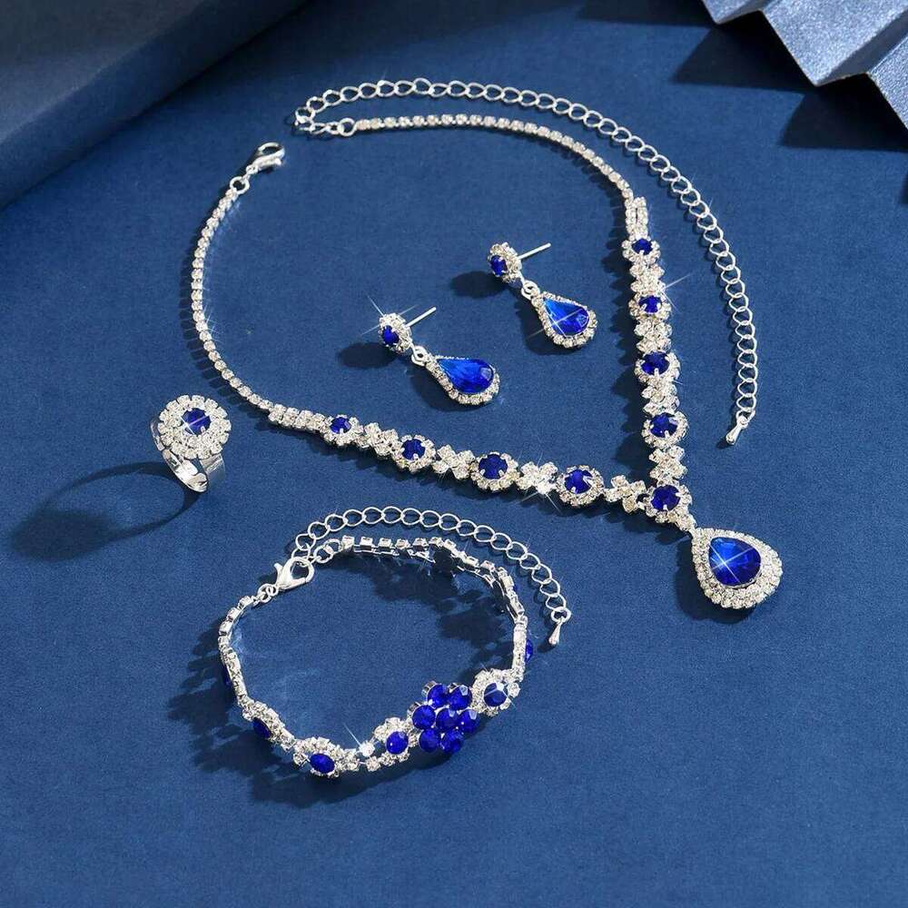Hot Sale Blue & Green Crystal Jewelry Set - Bridal Wedding Party Necklace Bracelet Earrings Ring Gift for Women Z260313