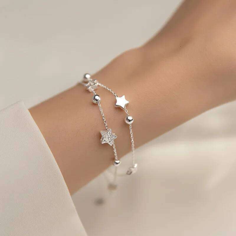 VENTFILLE 925 Stamp Silver Color Star Fashion Korean Five-pointed Stars Crystal Double Bracelet Dropshipping Wholesale Z260313