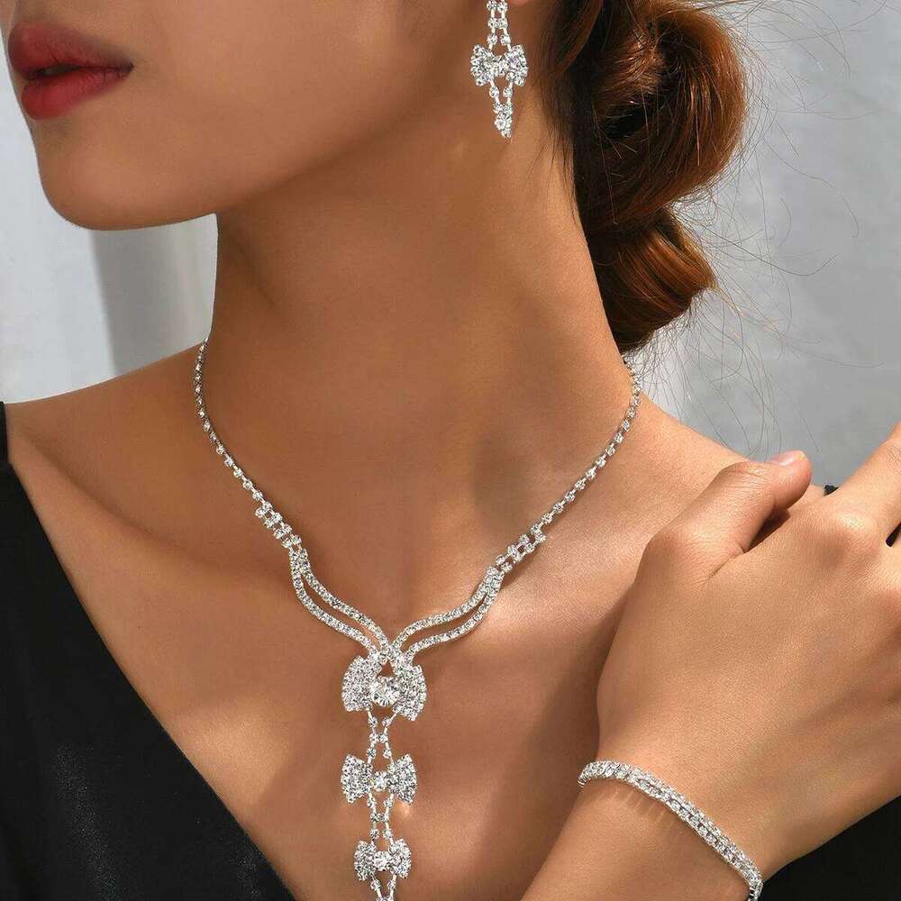 4PC women's fashionable rhinestone bow design necklace earrings bracelet jewelry set suitable for weddings, parties, festivals, Z260313