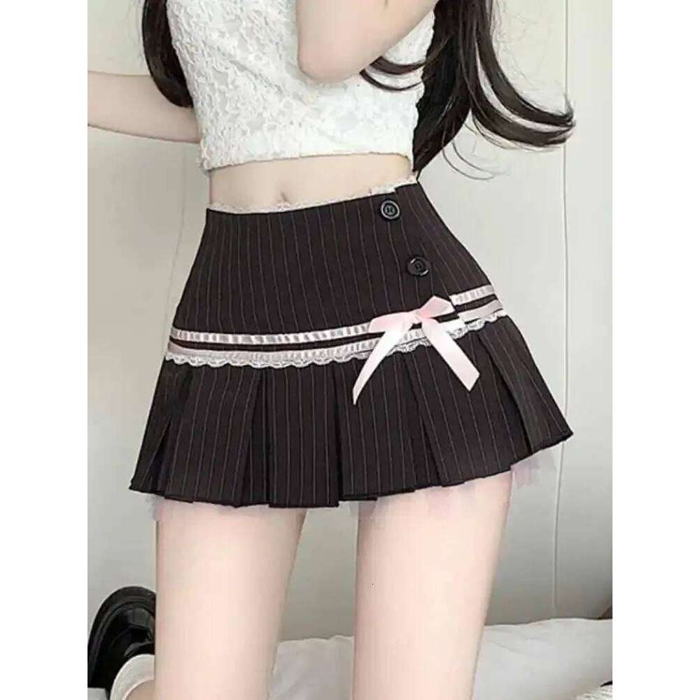 Summer Korean Sweet Striped Pink Pleated Skirts Women's Elegant Bow Hight Waist A Line Y2k Sexy Lace Streetwear Mini Skirt Z260314