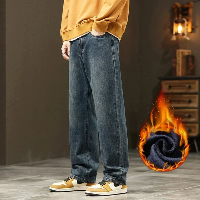 Thick Vintage Jeans Mens Winter Straight Warm Fleece Baggy Thermal Denim Trousers Fashion Korean Wide Male Plush Pants 260311
